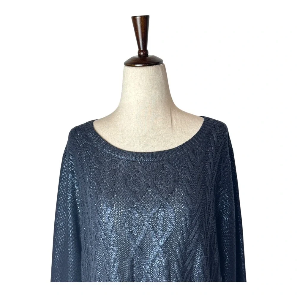 Club Monaco Sweater Women Medium Navy Blue Metallic Cable Knit Pullover Preppy‎